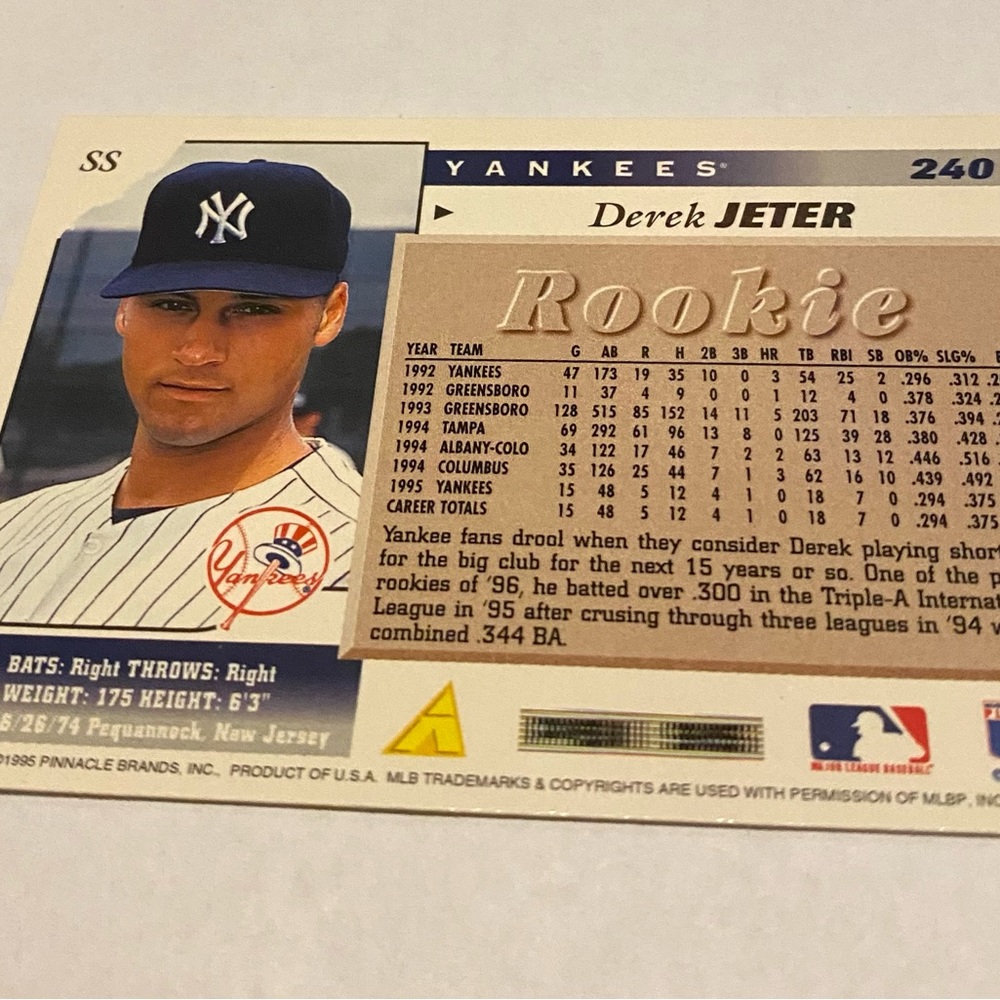 Derek Jeter RC Rookie Card 1995 Pinnacle Baseball card Vintage - Picture 3 of 3